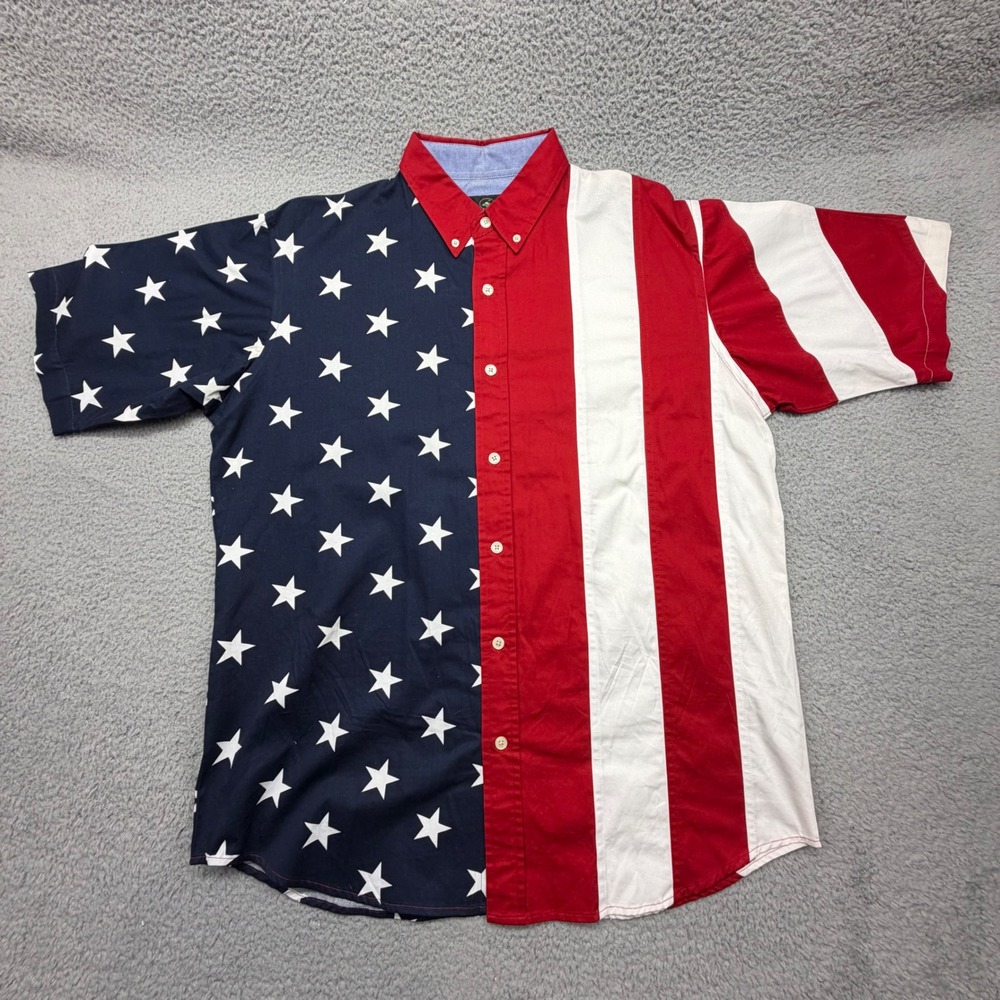 RedHead Mens Size Large Red White Blue American Flag S/S Button Down Shirt 74747
